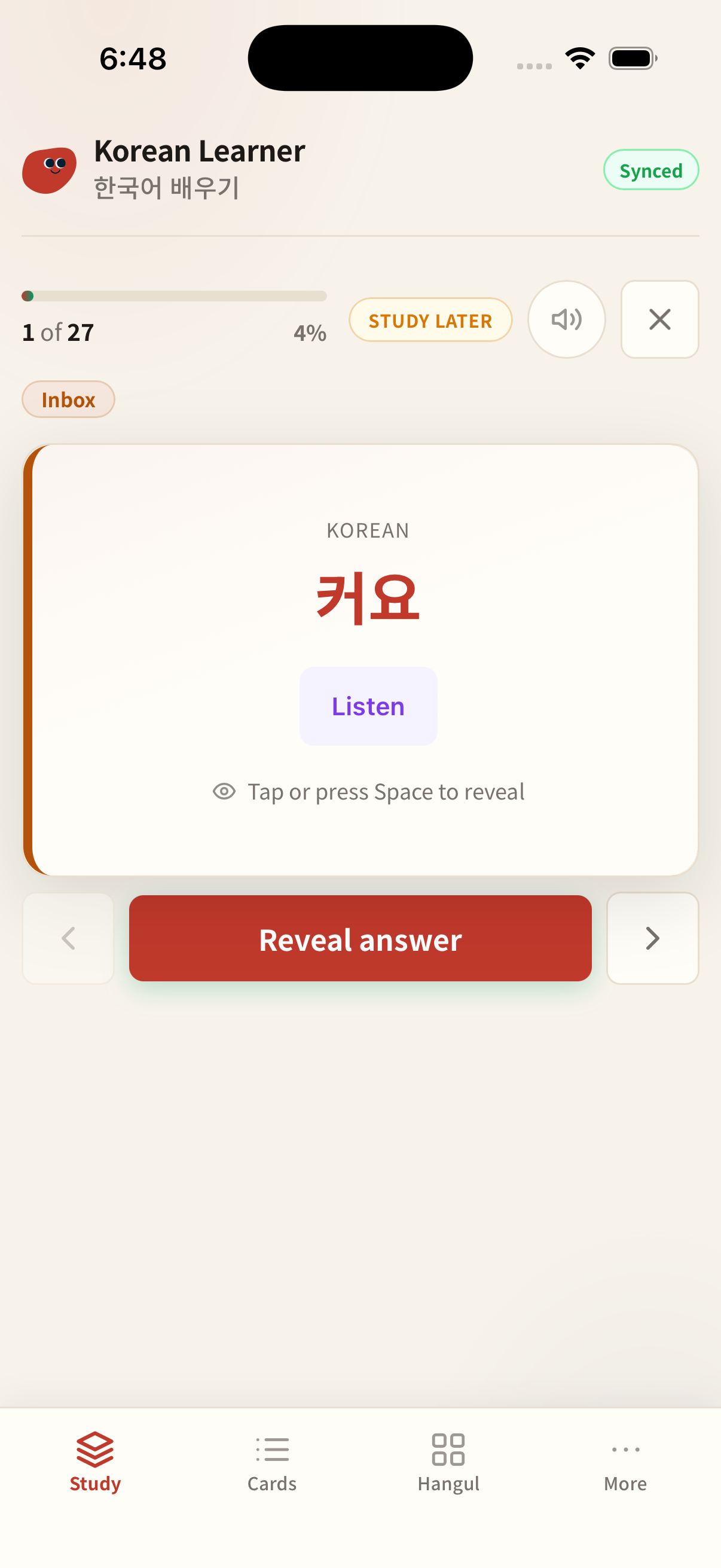 Korean Learner iOS app screenshot showing flashcard study mode